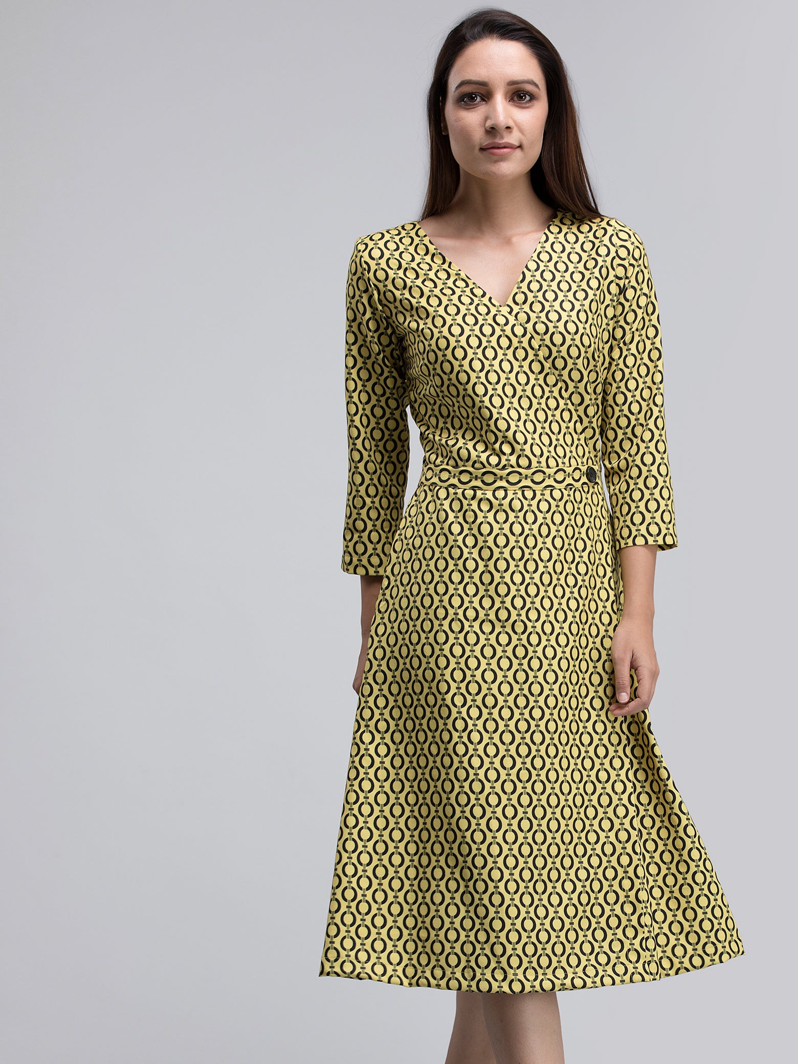 Buy Yellow and Black Geometric Print Faux Wrap Dress Online | FableStreet